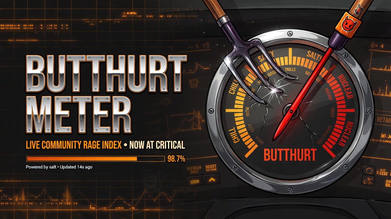 Dashboard-style Butthurt Meter banner art: chrome gauge with a pitchfork needle pinned at critical