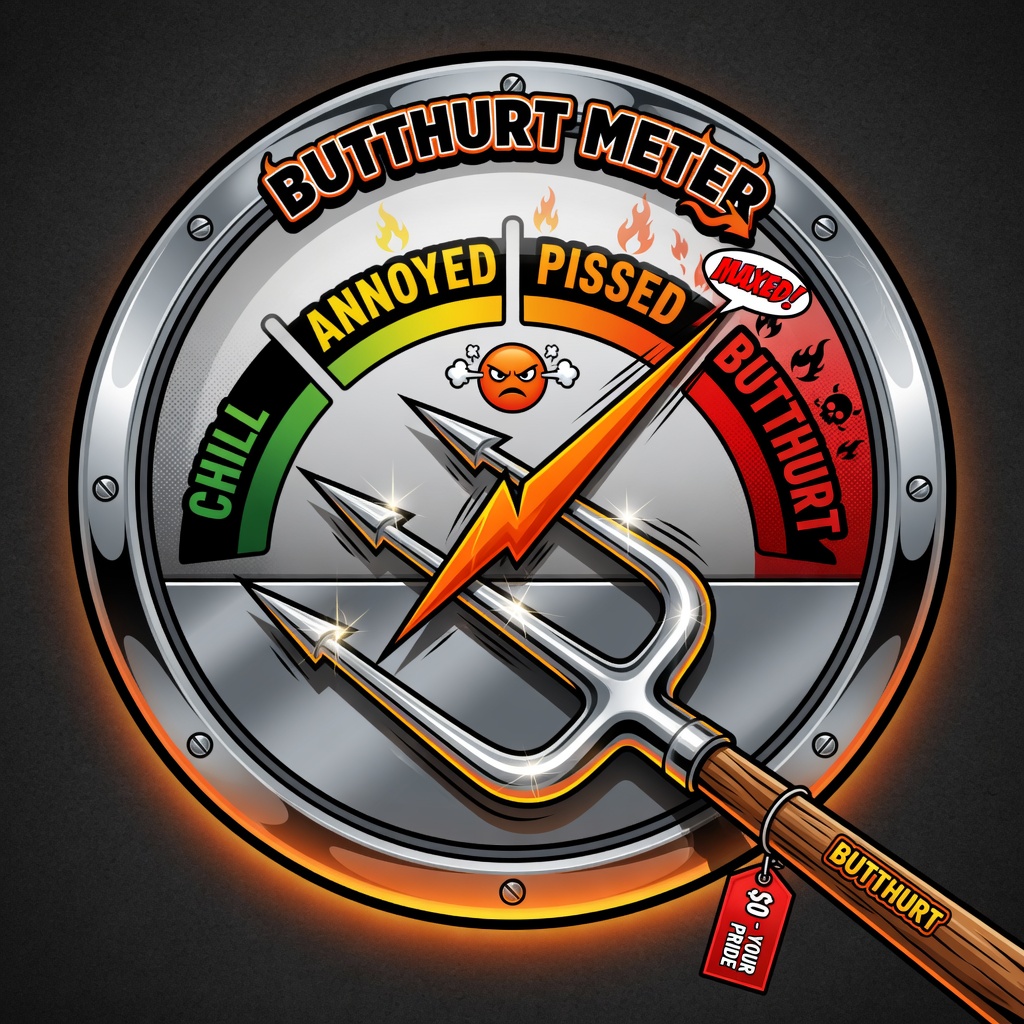 Butthurt Meter mascot: a gas gauge stabbed by a pitchfork